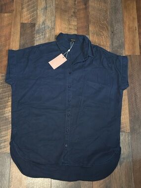 Quince NWT Women’s Oversized Cap-Sleeve Button-Front Shirt Navy Blue Sz XS